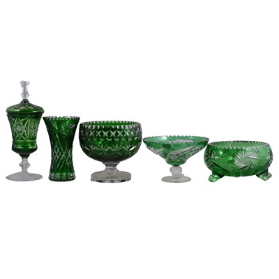Lot 52 - Five pieces of Czech green-overlaid cut glass, and other decorative glass