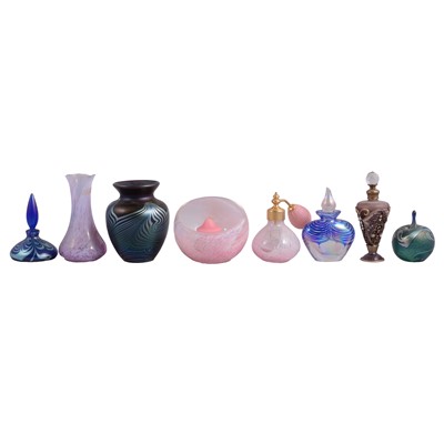 Lot 47 - Okra studio glass vase, and a collection of glass perfume bottles