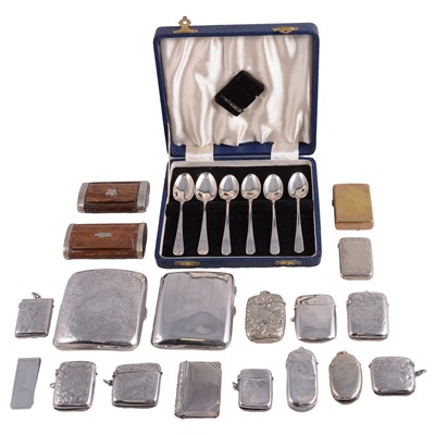 Lot 265 - Silver, white metal and metal cigarette cases, vestas, teaspoons, brass lighter, and wooden boxes.