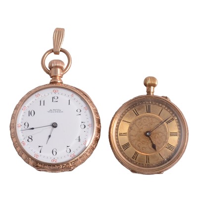 Lot 419 - Two yellow metal open face fob watches.