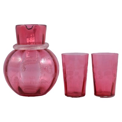 Lot 17A - Victorian cranberry glass jug and two beakers
