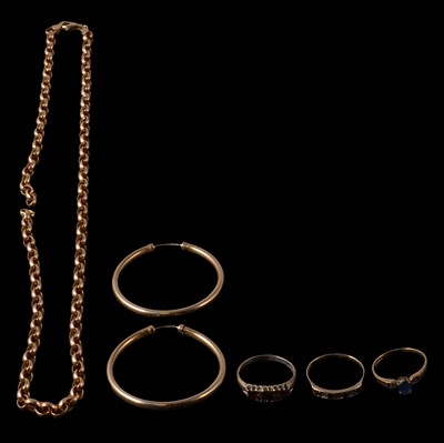 Lot 375 - A 9 carat gold chain necklace, gemset rings, and earrings.