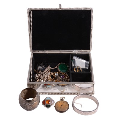 Lot 532 - A collection of yellow metal, silver and white metal jewellery, and a pocket watch.