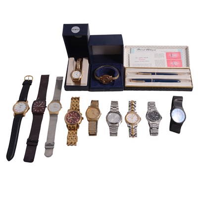 Lot 481 - Gentlemen's and ladies' wristwatches, Parker Slimfold fountain pen, and Parker propelling pencil.
