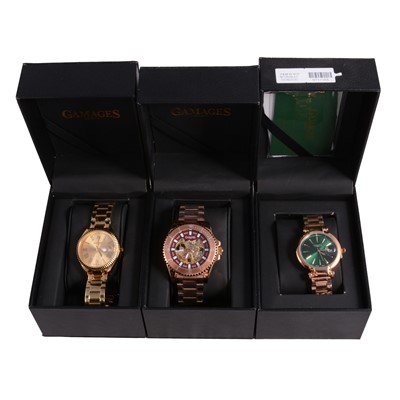 Lot 490 - Gamages - six gentlemen's and ladies' ltd ed metal automatic and quartz bracelet wristwatches.