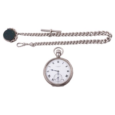 Lot 422 - J W Benson - a silver open face pocket watch, and a silver Albert watch chain with a swivel fob.