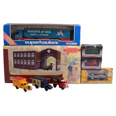 Lot 213 - Four boxes of assorted loose diecast vehicles, and associated Trackside items