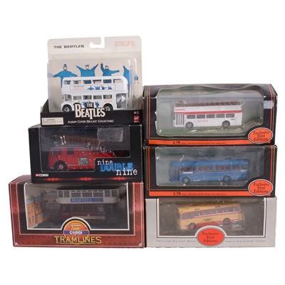 Lot 211 - Four boxes of assorted scale model die-cast vehicles - buses, omnibuses, and trams