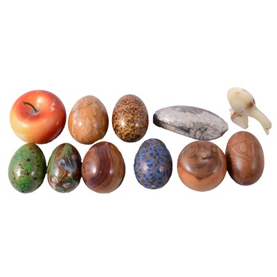 Lot 108 - Collection of carved hardstone and turned wood eggs, and other ornaments