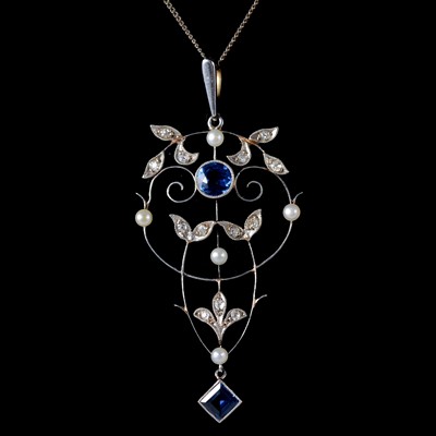 Lot 329 - An Edwardian sapphire, diamond and pearl pendant, and pair of similar earrings.
