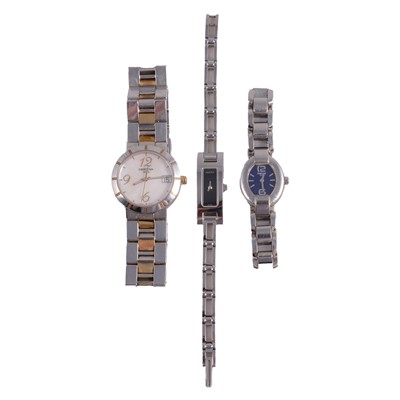 Lot 479 - Three ladies' stainless steel quartz bracelet wristwatches, Tissot, Certina, and Gucci.