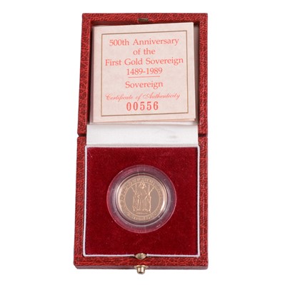 Lot 340 - Royal Mint – 500th Anniversary of the First Gold Sovereign 1489-1989 Gold Proof Full Sovereign Coin.
