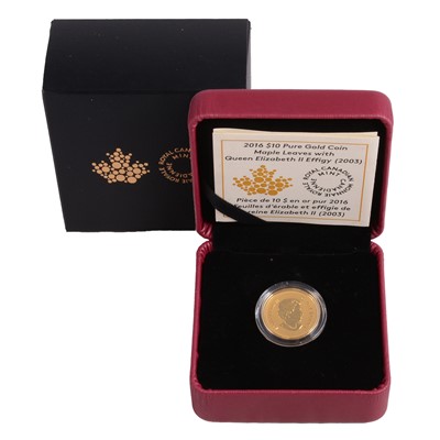 Lot 349 - Royal Canadian Mint – The 2016 Maple Leaves with Queen Elizabeth II Effigy $10 Pure Gold Coin.