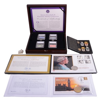 Lot 307 - Collection of commemorative coin covers, coin and stamp sets, bookmarks, and brooch.