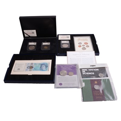 Lot 309 - Collection of coins and coin sets, some silver content, and £5 bank note.