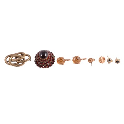 Lot 368 - A pair of citrine earrings, brooch, garnet brooch and two other pairs of earrings.