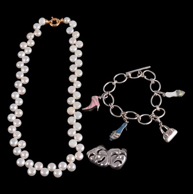 Lot 508 - Julia Beusch - a pearl necklace and other silver earrings, bracelet and brooch.