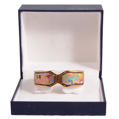 Lot 369 - Frey Wille - a Hommage à Gustav Klimt gold-plated fire enamel bangle.