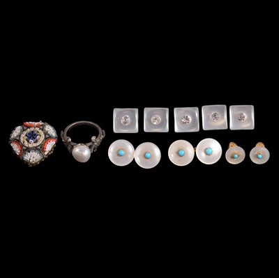 Lot 500 - French mother-of-pearl and turquoise cufflinks, dress studs, micromosaic pendant, and ring.