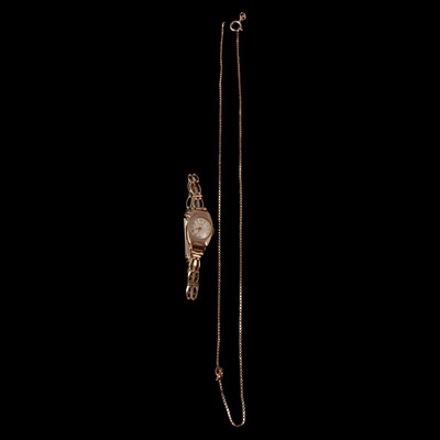Lot 378 - Bentima - a lady's vintage 9 carat yellow gold manual wind wristwatch, and a gold chain necklace.