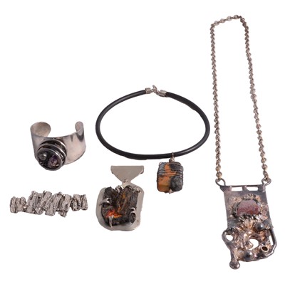 Lot 374 - Wiggers of Denmark brutalist pendant, another with volcanic stone, amethyst bangle, pendant.