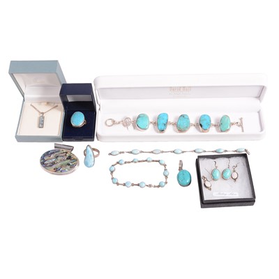 Lot 564 - A collection of turquoise matrix and mother-of-pearl white metal jewellery.