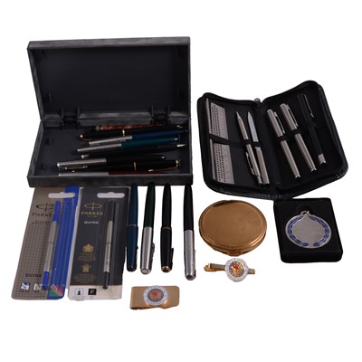 Lot 303 - Collection of Parker and other pens, Yard-O-Led propelling pencil, compacts, and militaria.