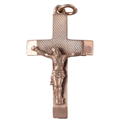 Lot 199 - A 9 carat yellow gold crucifix pendant, and a yellow metal chain necklace.