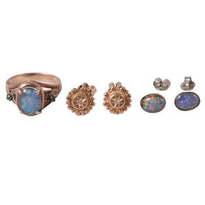 Lot 380 - A synthetic opal and green stone ring, opal earstuds, and diamond earrings.