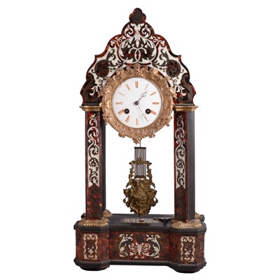 Lot 195 - French ebonised and inlaid portico clock