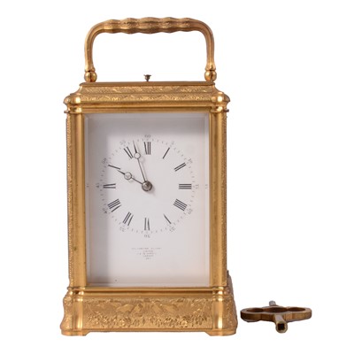 Lot 197 - French tooled gilt metal corniche carriage clock