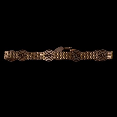 Lot 251 - A yellow metal bracelet with padlock fastener.
