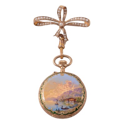 Lot 417 - An enamelled fob watch and bow.
