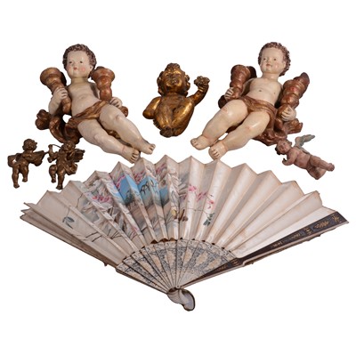 Lot 188 - Painted French fan, pair of Austrian figural wall sconces, and other cherub mounts
