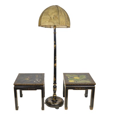 Lot 545 - Set of three Chinese coffee tables and a standard lamp