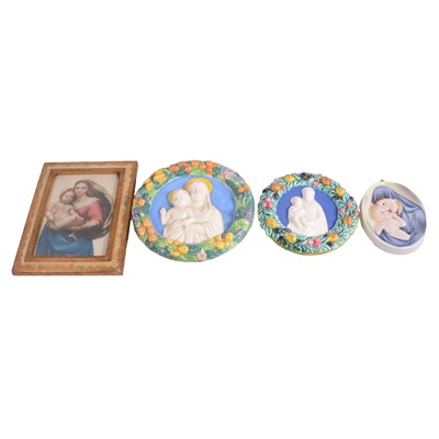 Lot 54 - Four Italian faience religious panels, various icons, cruciforms, etc