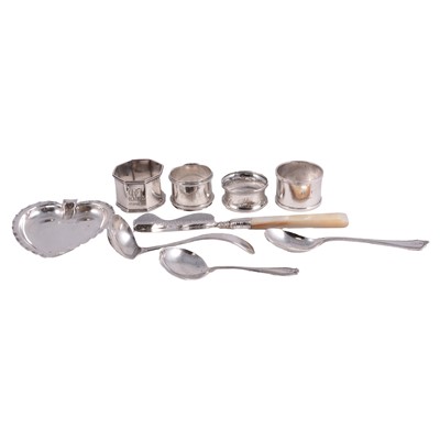 Lot 378 - Silver heart shaped ashtray, napkin rings and cutlery