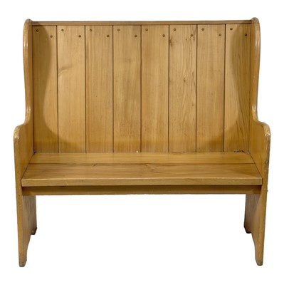 Lot 393 - Victorian style elm settle, four beech kitchen chairs, and an oak topped table