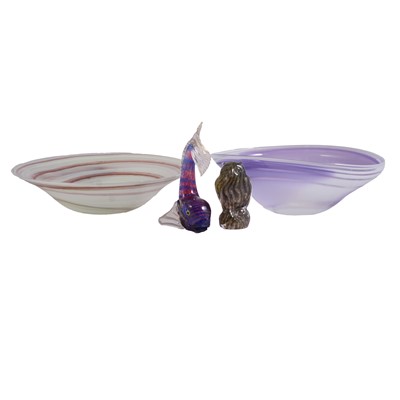 Lot 38 - Gibovskis art glass bowl, another glass bowl, Murano style model of a fish and an owl