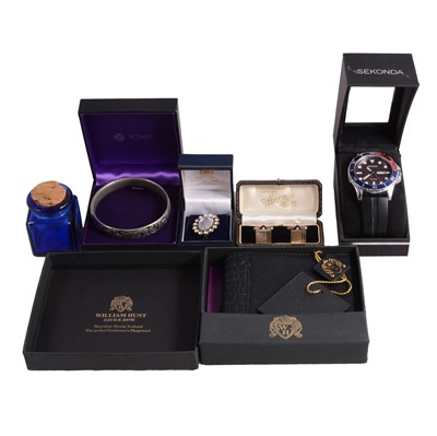 Lot 459 - A collection of silver, and costume jewellery, cufflinks, wristwatches, and wallet.
