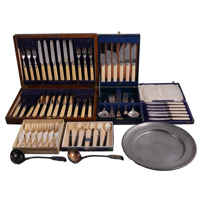 Lot 215 - Two canteens of cutlery, other cutlery, and an early 19th century pewter dish.