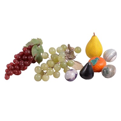 Lot 131 - Collection of painted and carved alabaster fruit, hardstone eggs, green glass floats, etc