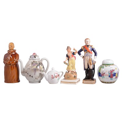 Lot 64 - Small quantity of ceramics, including Meissen figures and an Abbott's Choice whiskey decanter