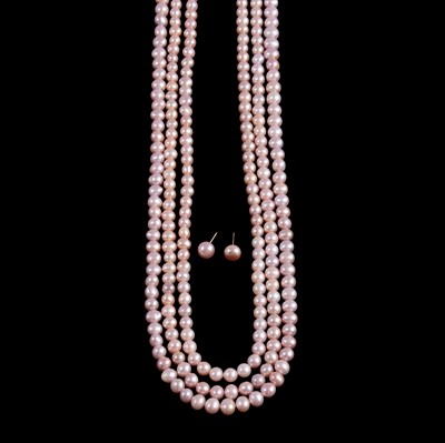 Lot 272 - A three-row pink freshwater pearl necklace and earrings.