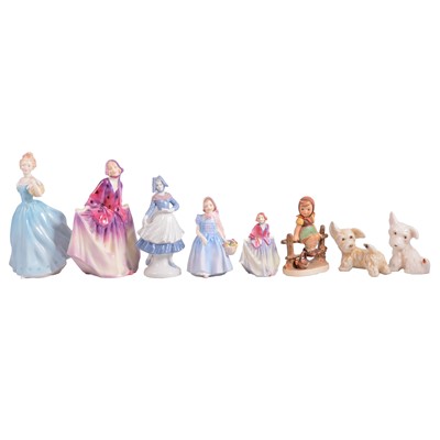 Lot 101 - Four Royal Doulton figurines, a Hummell figure, two Scottie dogs.