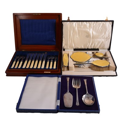 Lot 374 - Silver and yellow enamel dressing table set, cased set of fish eaters and three piece serving set.