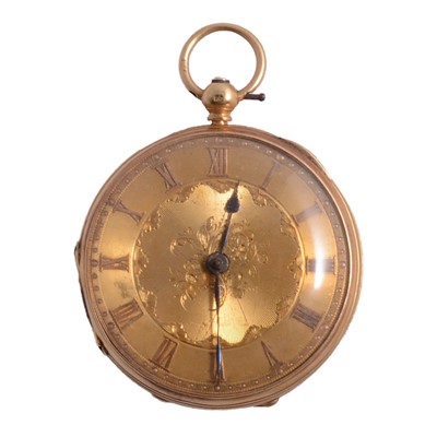 Lot 414 - An 18 carat yellow gold open face pocket watch.