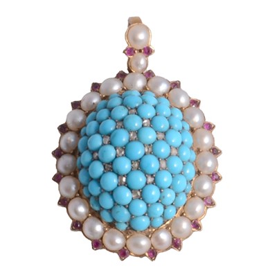 Lot 347 - A turquoise, pearl, ruby and diamond pendant.
