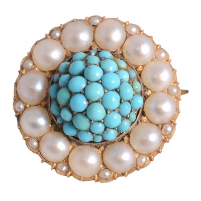 Lot 211 - A turquoise and pearl brooch.