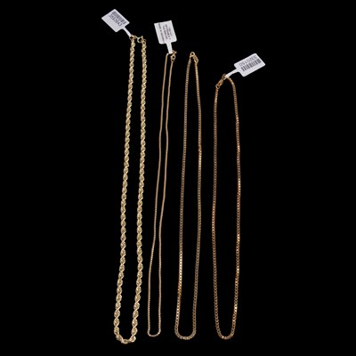 Lot 357 - Seven 9 carat yellow gold / yellow metal chain necklaces.